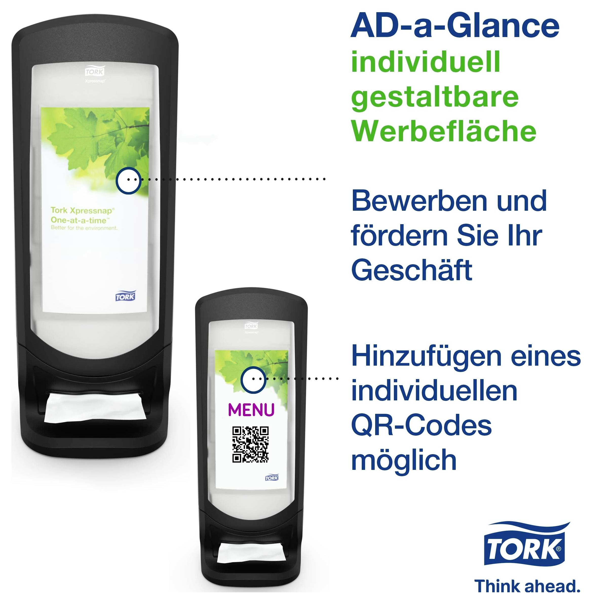 Werbedisplay von Tork mit individueller Werbefläche; Beispielplakate und QR-Code zeigen anpassbare Werbung und Zusatzinfos.