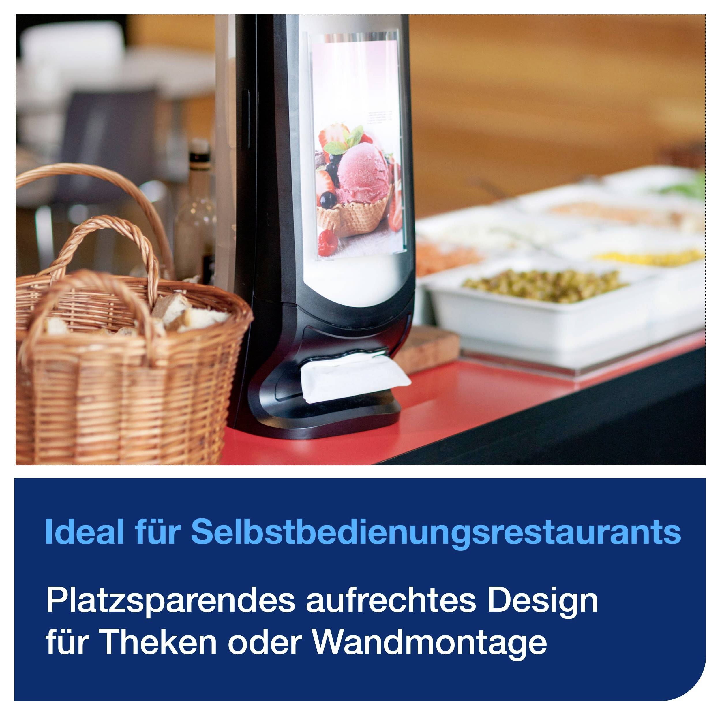 Aufrechte Selbstbedienungs-Displayvitrine auf einer Theke; beworben mit 'Ideal für Selbstbedienungsrestaurants' und 'Platzsparendes aufrechtes Design für Theken oder Wandmontage'.