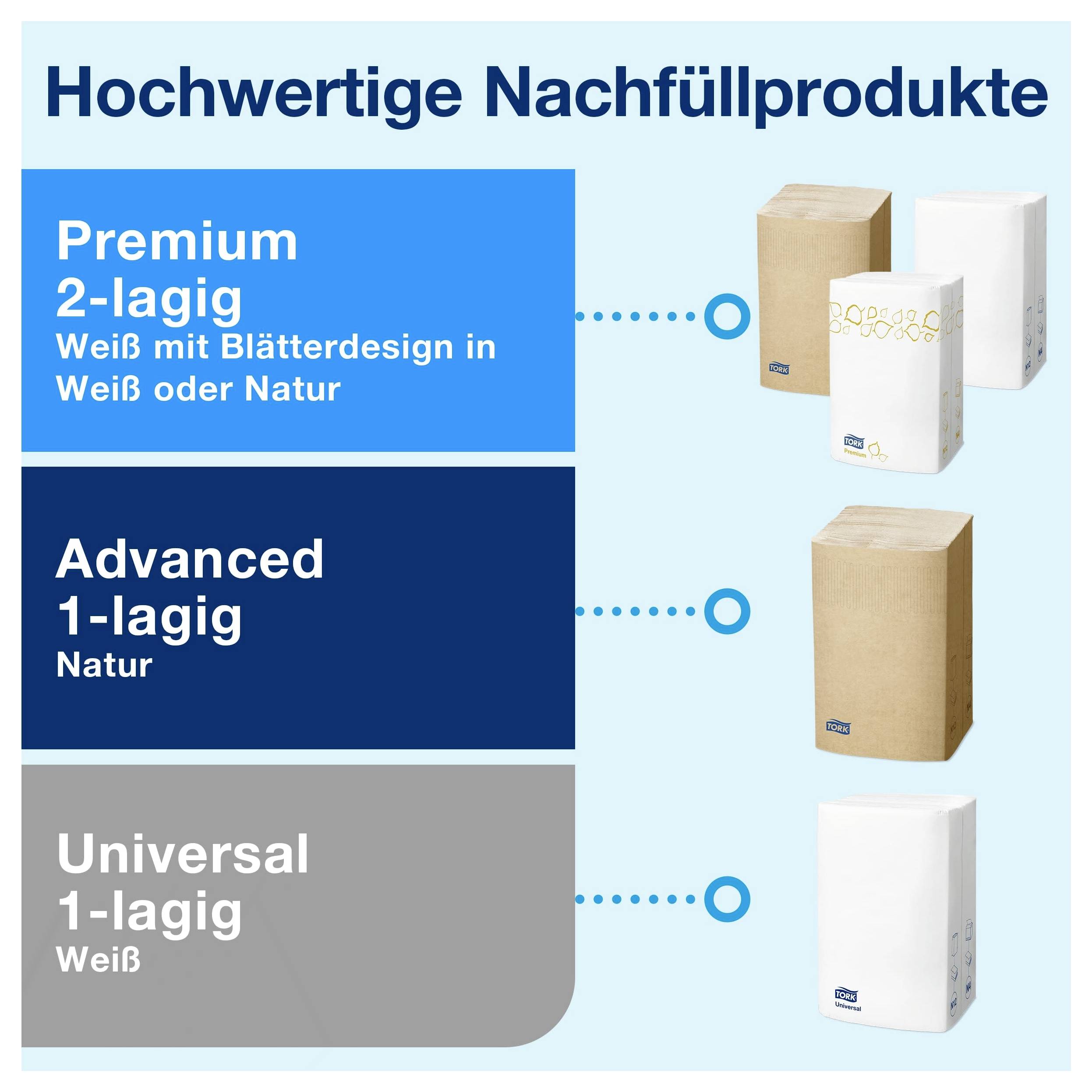 Vergleich von Hochwertige Nachfüllprodukte: Premium 2-lagig in Weiß mit Blätterdesign oder Natur, Advanced 1-lagig in Natur, Universal 1-lagig in Weiß.
