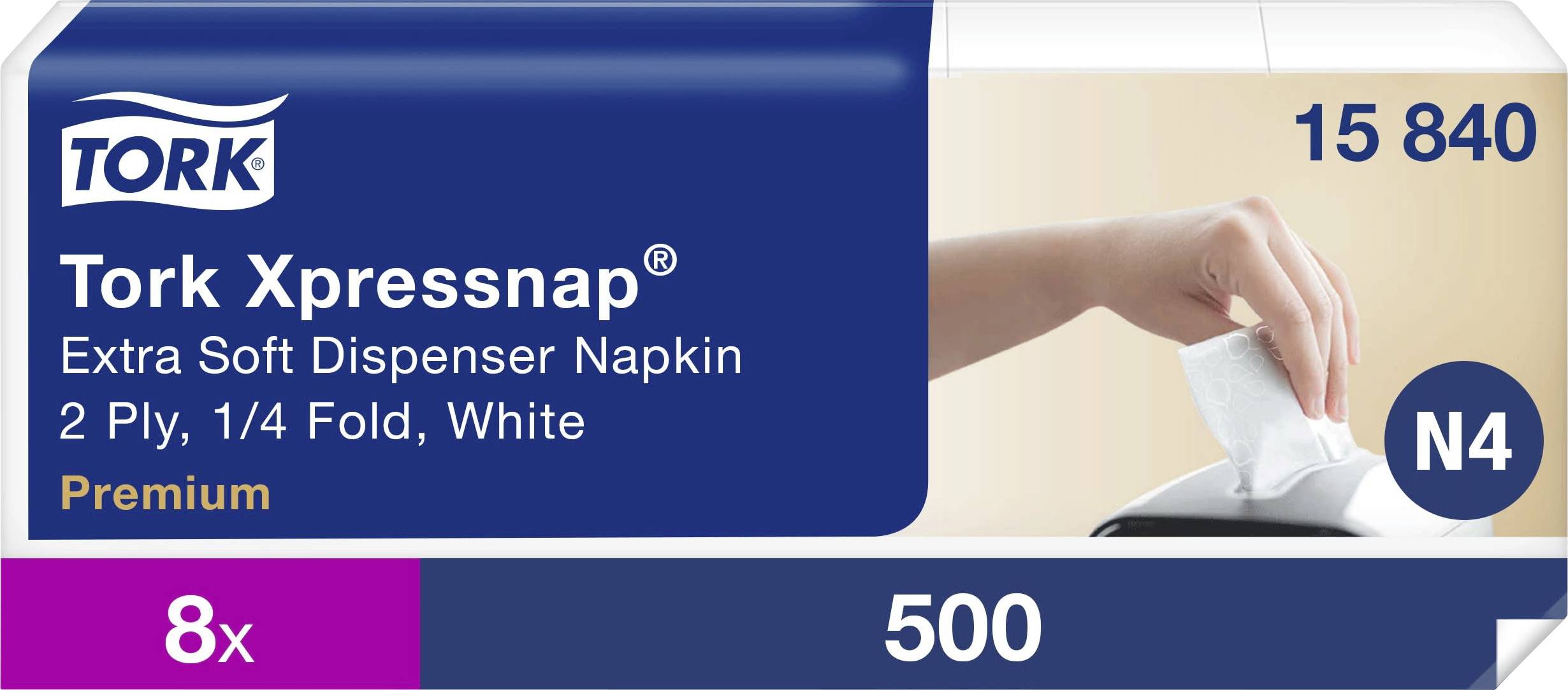 Verpackung für Tork Xpressnap Extra Soft Dispenser Servietten, Weiß, 2-lagig 1/4 Fold, Premium; 500 Blatt, 8 Packungen, N4.