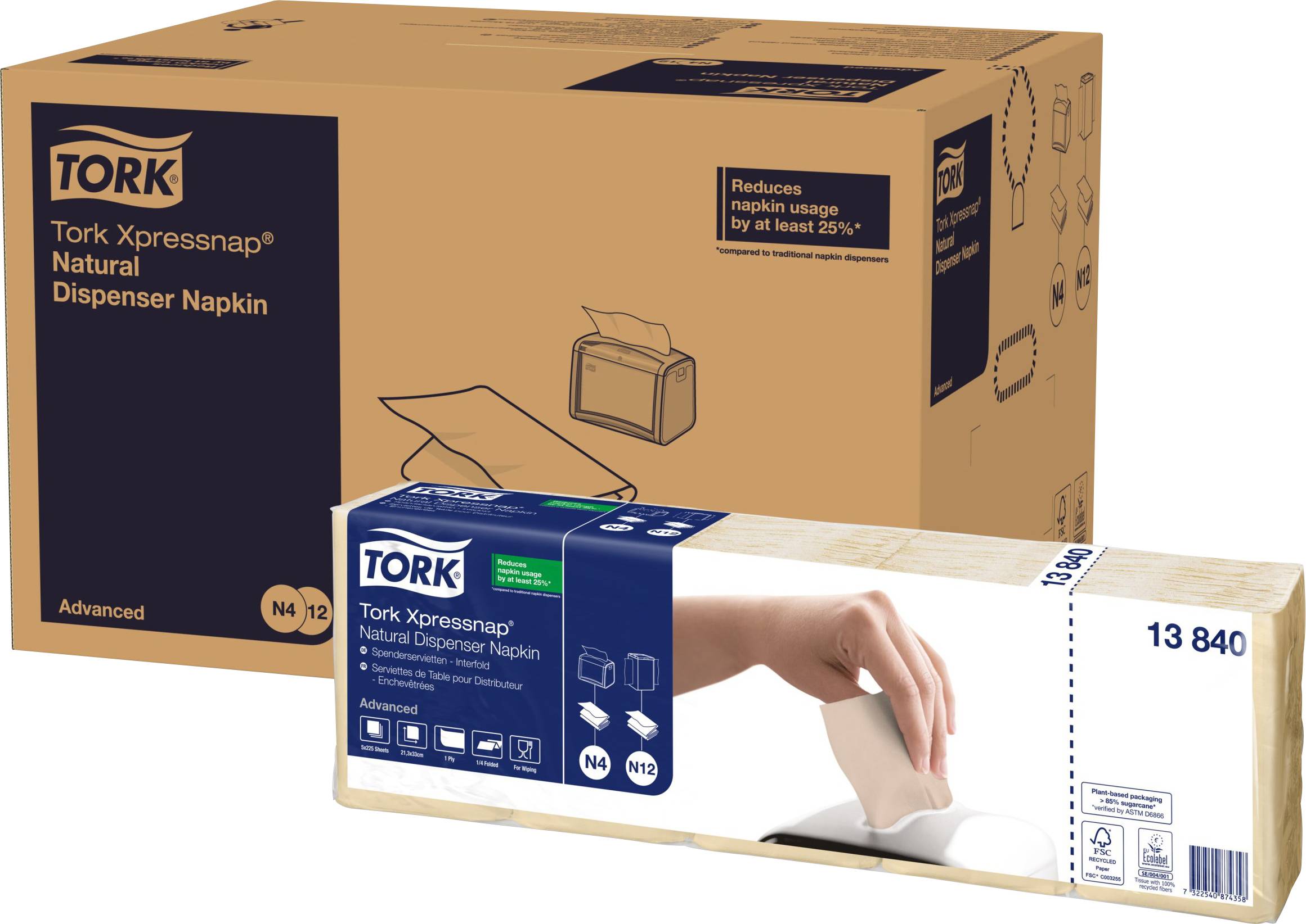Verpackung von Tork Xpressnap Natural Dispenser Napkins, reduziert Serviettenverbrauch um 25%. Enthält Bild von Hand, die Serviette entnimmt.