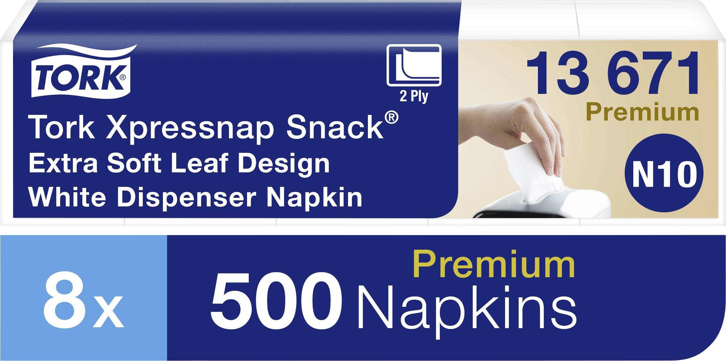 Tork Xpressnap Snack, 13 671 Premium, 2-lagig. Weiche Servietten in Weiß mit Spender. Verpackung mit 500 Servietten, 8 Packungen.