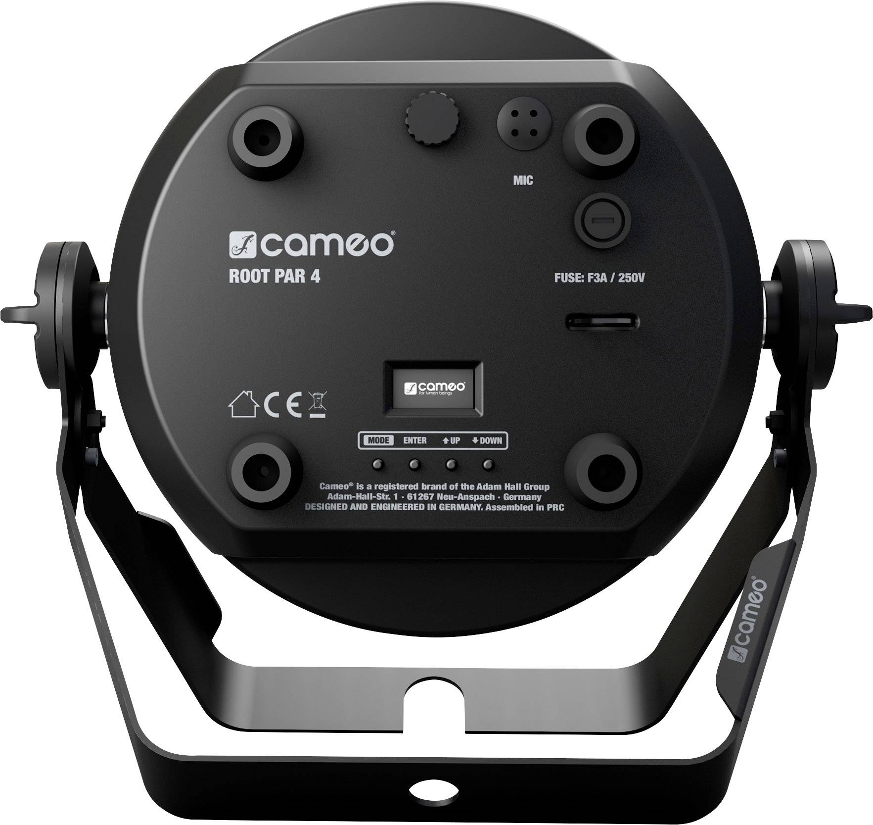 Der Cameo LED-Scheinwerfer ROOT PAR 4 mit schwarzem Gehäuse, Mikrofon, Anschlüssen und Bedienfeld für Beleuchtungseinstellungen.