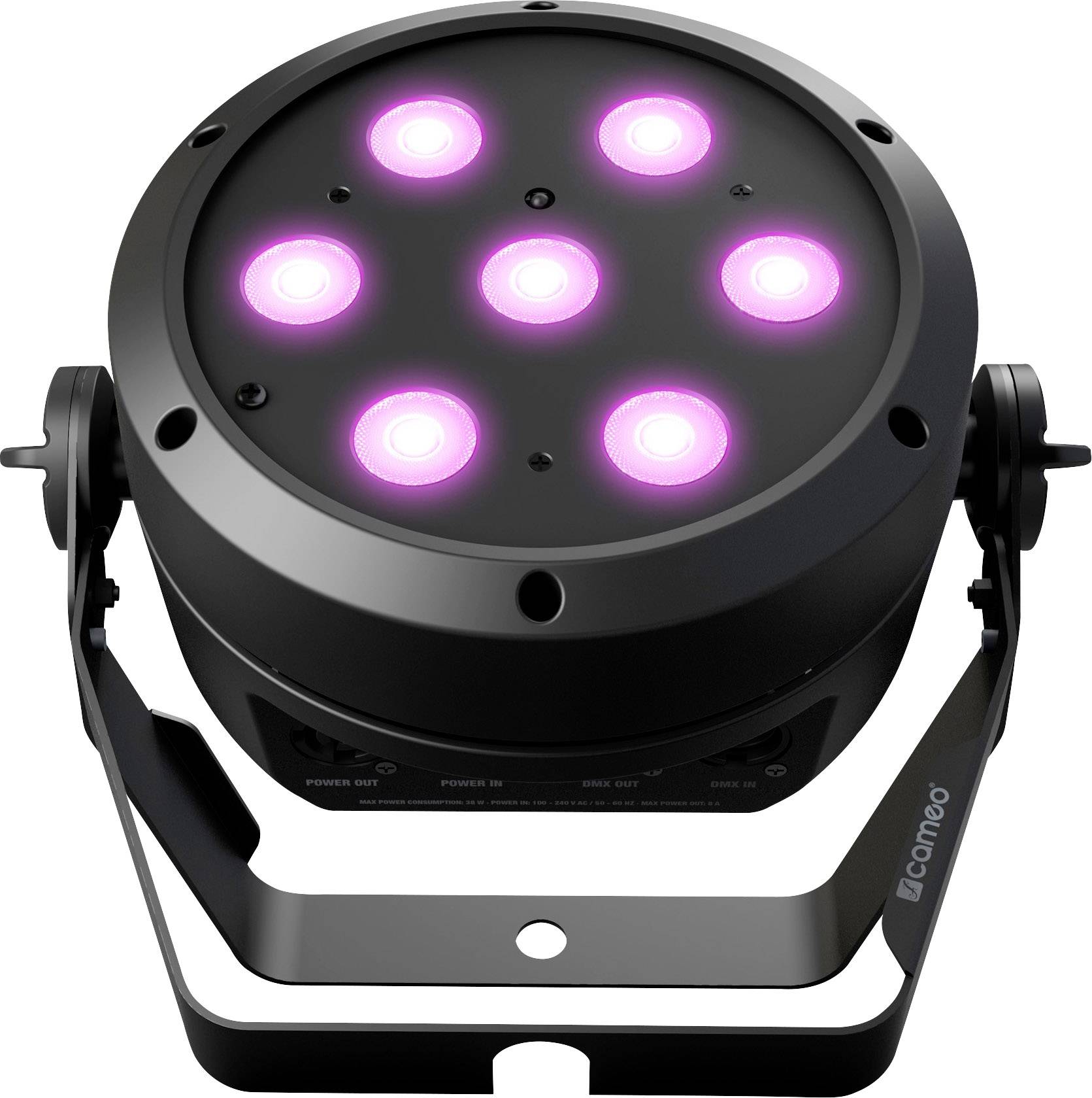 Scheinwerfer mit sieben rosa LED-Lichtern, kreisförmig angeordnet. Das Gehäuse ist schwarz und hat eine Halterung zur Befestigung.