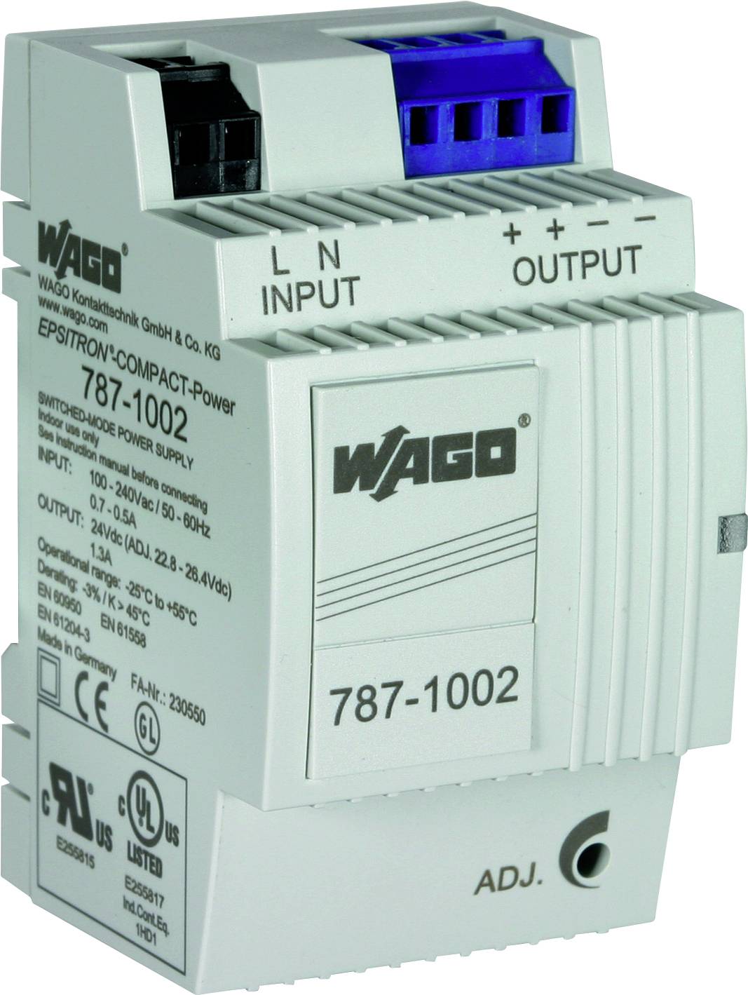 WAGO 787-1002 Kompakt-Stromversorgung; Eingangsspannung: 100-240V; Ausgang: 24V, 0.42A; für industrielle Anwendungen.