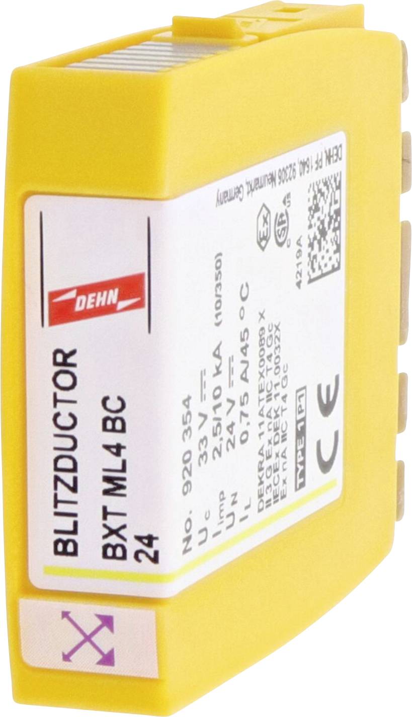 Ein gelbes Überspannungsschutzgerät mit der Aufschrift 'BLITZDUCTOR BXT ML4 BC', technische Details und CE-Kennzeichnung.