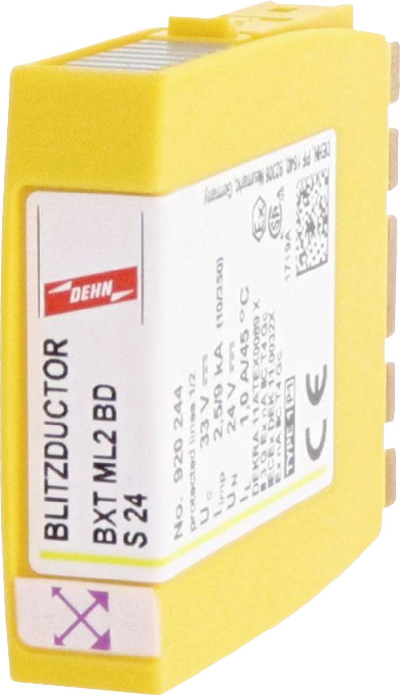 Gelbes Blitzdschutzgerät von Dehn mit Produktinformationen auf dem Etikett. Modell: BXT ML2 BD S24.