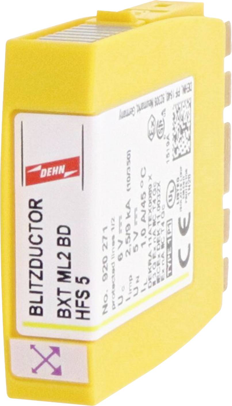 Gelbes Gerät, beschriftet mit 'BLITZDUCTOR BXT ML2 BD HFS5', erkennbar als Überspannungsschutzmodul mit CE-Kennzeichnung.