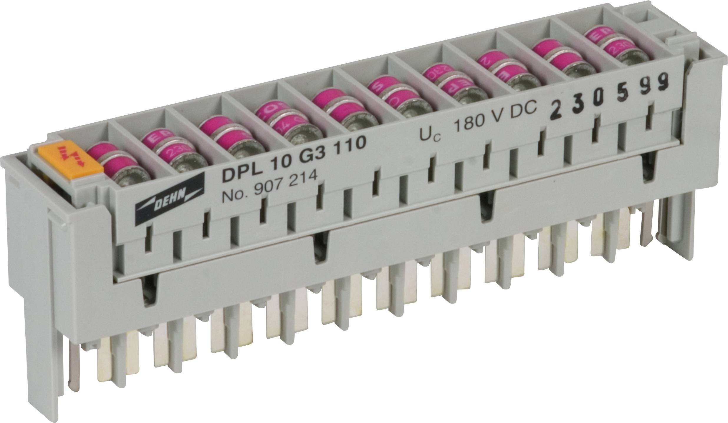 Ein vertikaler Steckverbinder mit mehreren Steckplätzen und rosa Farbkodierungen, beschriftet mit 'DPL 10 G3 110', 'Uc 180 V DC'.