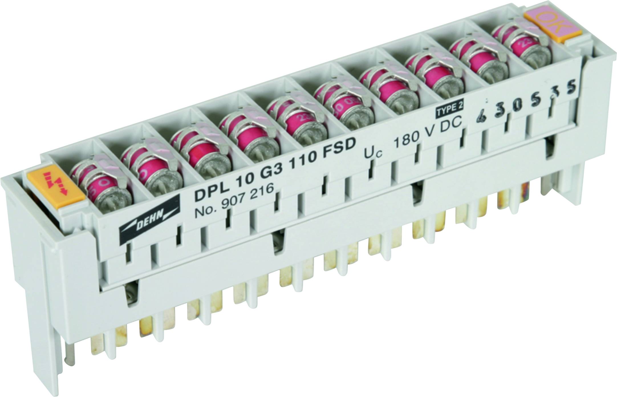 Elektronisches Bauteil mit mehreren rot-weißen Sicherungen, beschriftet mit 'DPL 10 G3 110 FSD', für Schutz von elektrischen Anlagen.