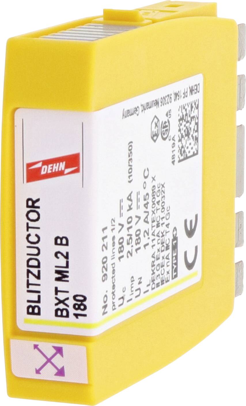 Ein gelbes Überspannungsschutzgerät mit der Aufschrift 'BLITZDUCTOR BXT ML2 B', Modellnummer und technischen Daten auf dem Etikett.
