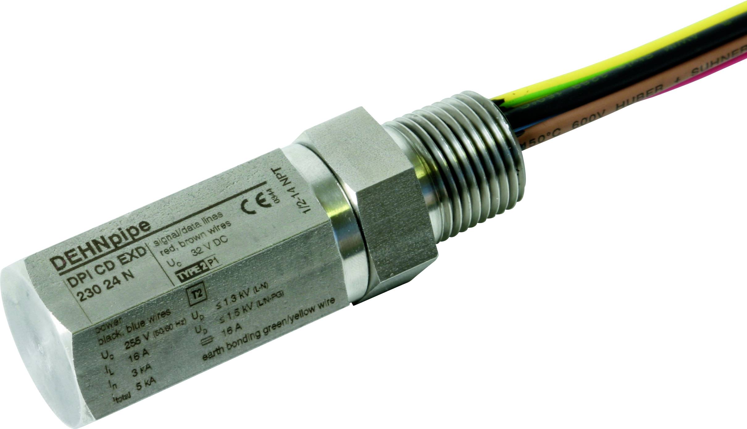 Ein zylindrischer Überspannungsschutz der Marke DEHN mit Kabeln auf der Rückseite. Aufdruck: 'DEHNpipe DPI CD EXD'.