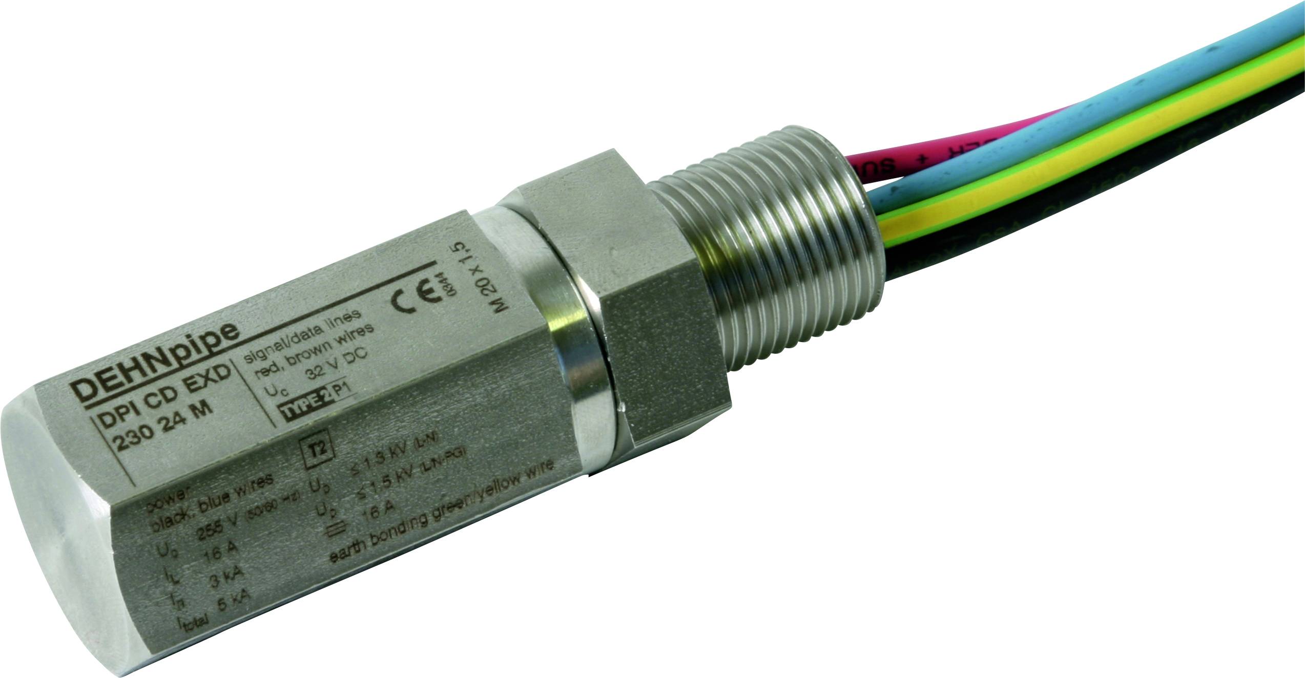 Ein zylindrisches Gerät mit der Aufschrift 'DEHNpipe', Verkabelung und technischen Spezifikationen. Es scheint ein technisches Bauteil zu sein.