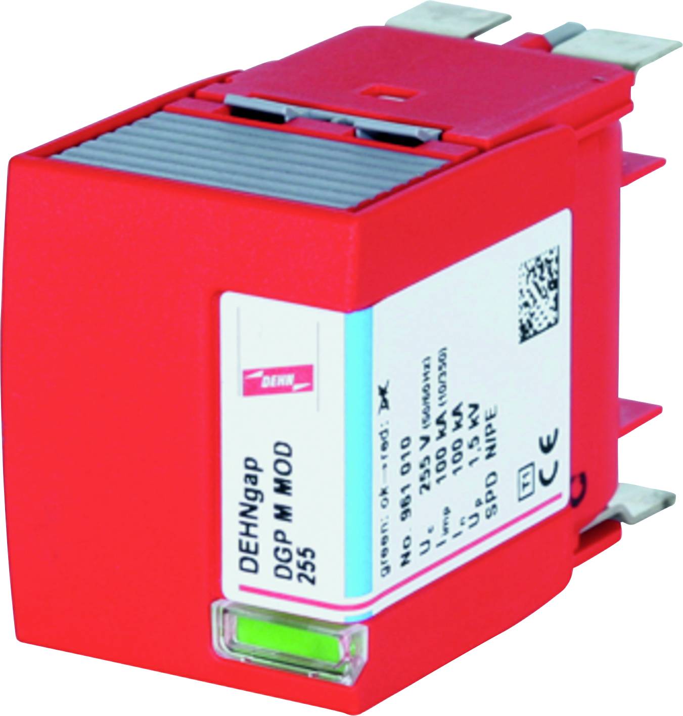 Rotes Überspannungsschutzgerät mit weißen Etiketten, Hersteller- und Modellinformationen. Eignet sich zur Sicherung elektrischer Systeme.