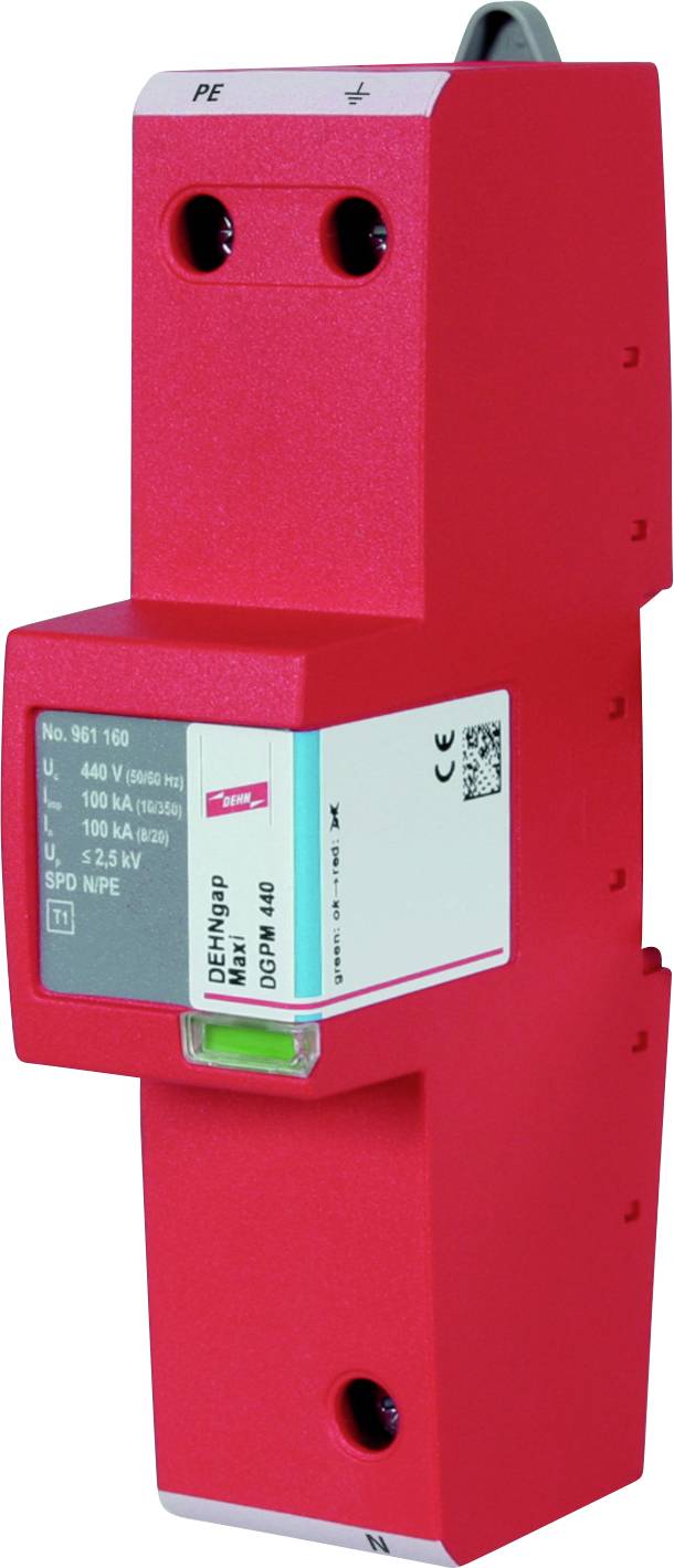 Überspannungsschutz-Modul in rotem Gehäuse, montiert auf DIN-Schiene, mit technischen Spezifikationen auf der Vorderseite sichtbar.