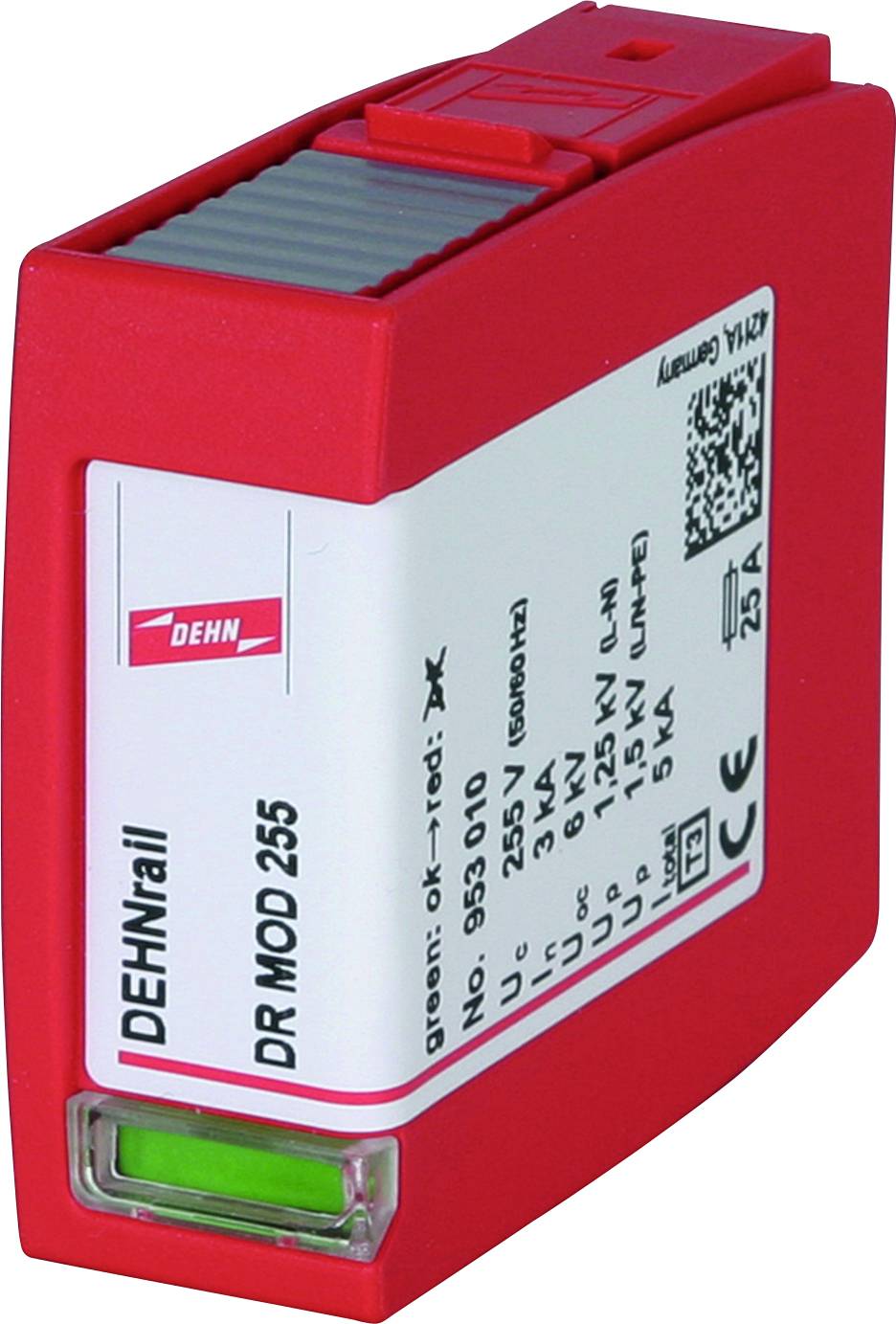 Ein rotes DEHN-Überspannungsschutzgerät, Modell DR MOD 255, für den Schutz elektrischer Systeme. Weiße Etiketten mit technischen Spezifikationen.