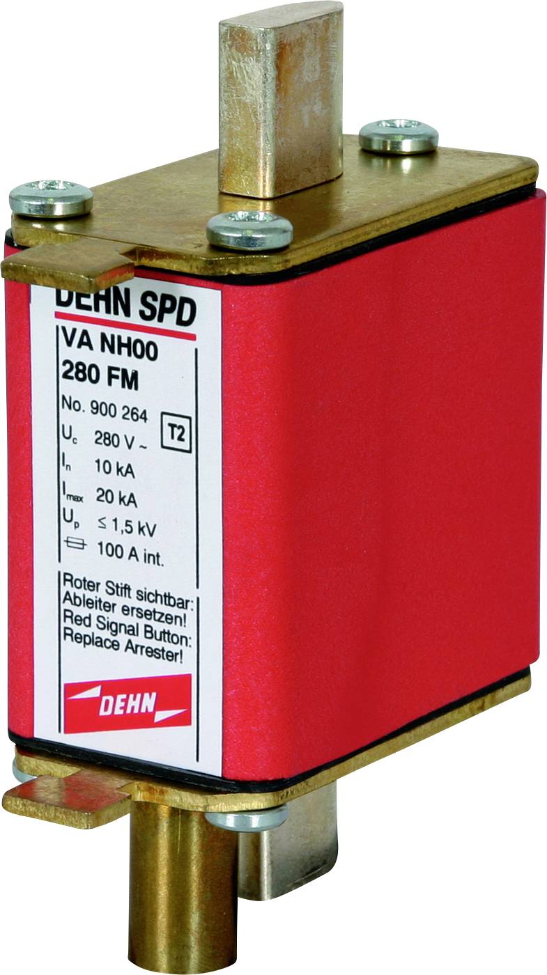 Ein rotes Überspannungsschutzgerät der Marke DEHN mit Aufschrift 'DEHN SPD VA NH00 280 FM' für elektrische Installationen.