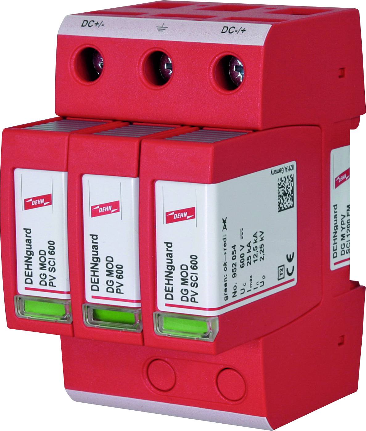 Roter Überspannungsschutz DEHNguard M YPV SCI 600 mit drei Schutzmodulen, geeignet für Gleichstromanwendungen zur Vermeidung von Geräteschäden.