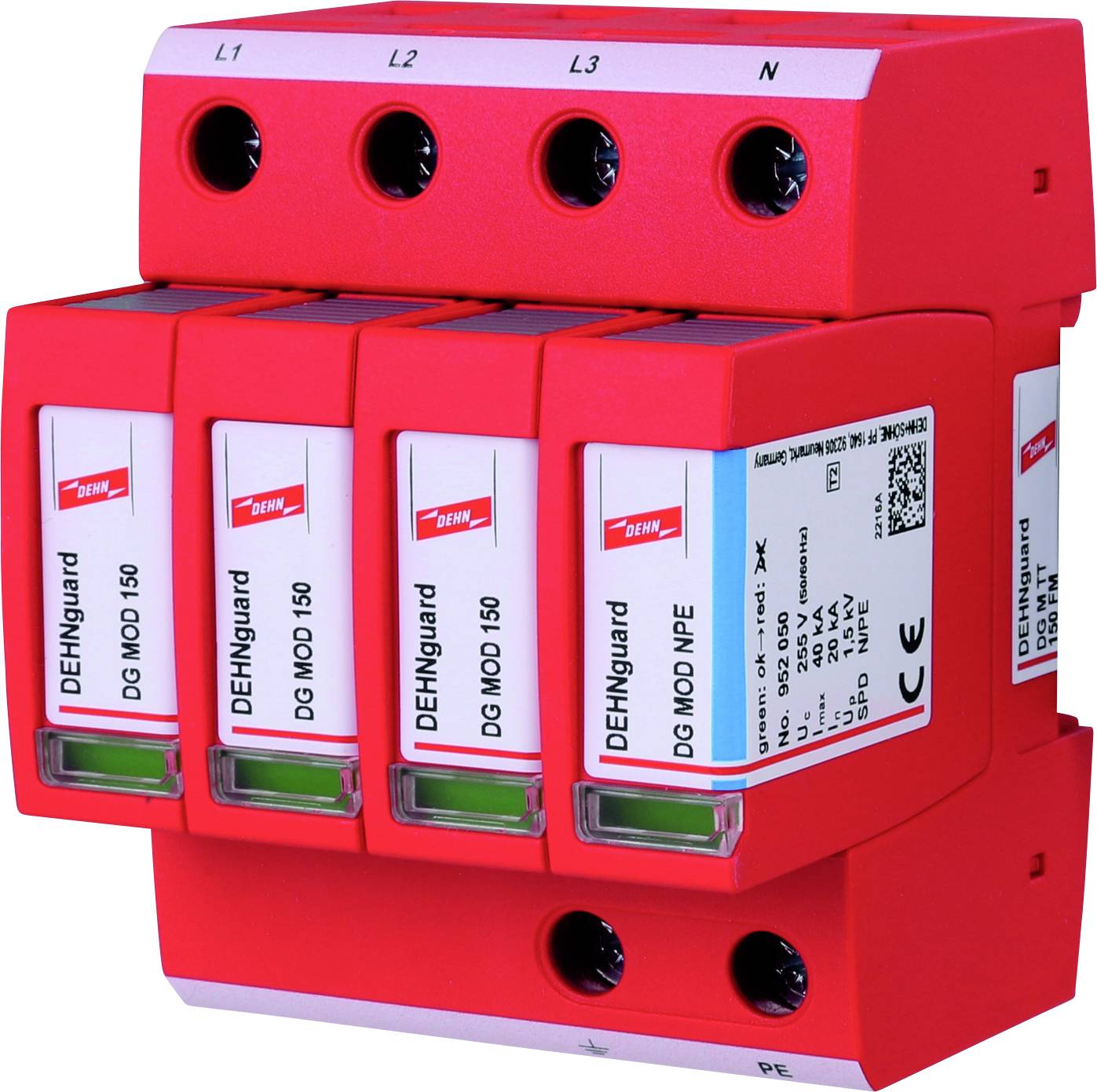 Blitzschutzgerät in rotem Gehäuse mit drei Schutzmodulen. Beschriftung: 'DEHNguard DG MOD 150'. Modell zur Spannungsüberwachung.