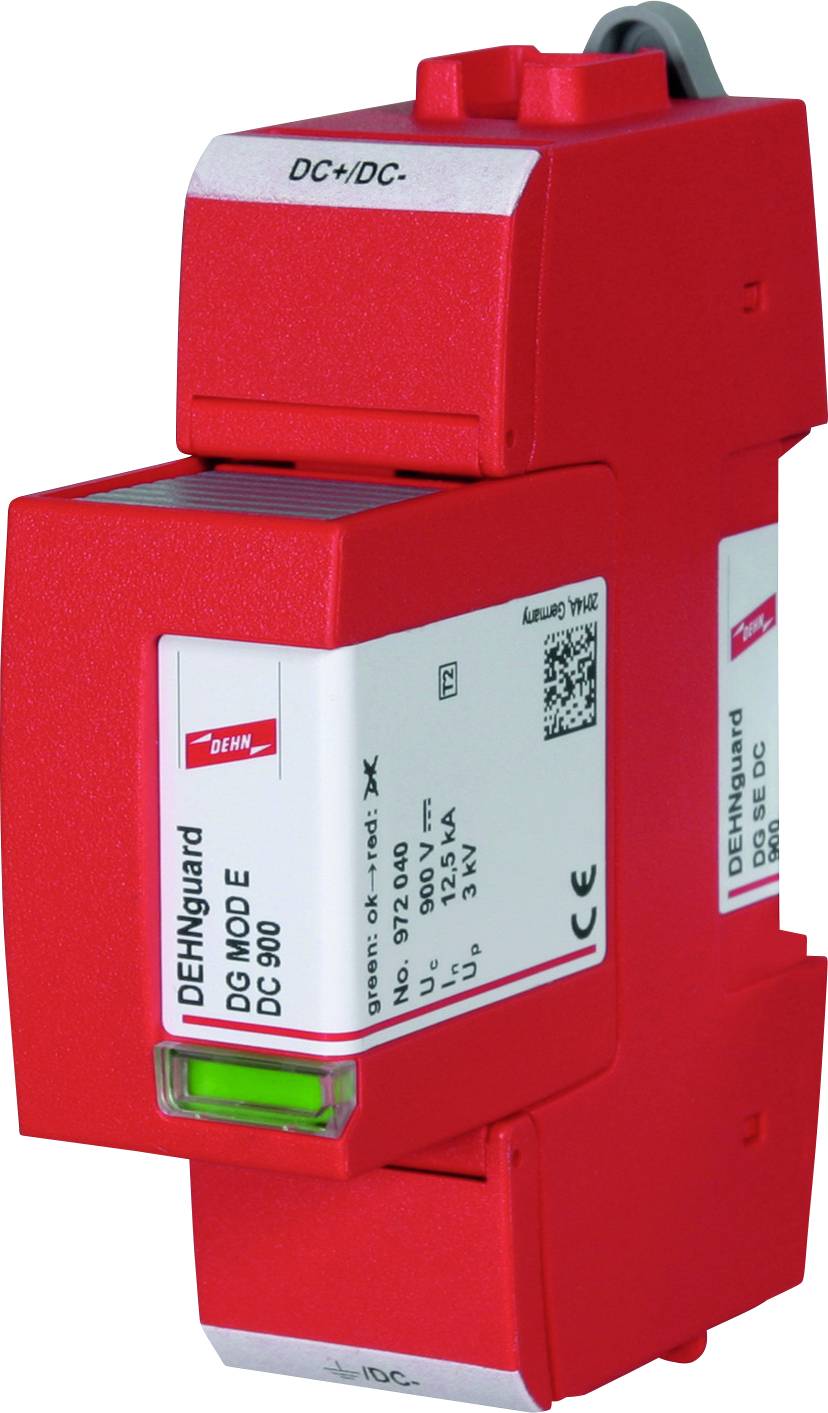 Rotes DC/DC Schutzgerät mit Aufschrift 'DEHNguard DG MOD E', geeignet für Sicherung von elektrischen Anlagen, Markenlogo vorhanden.