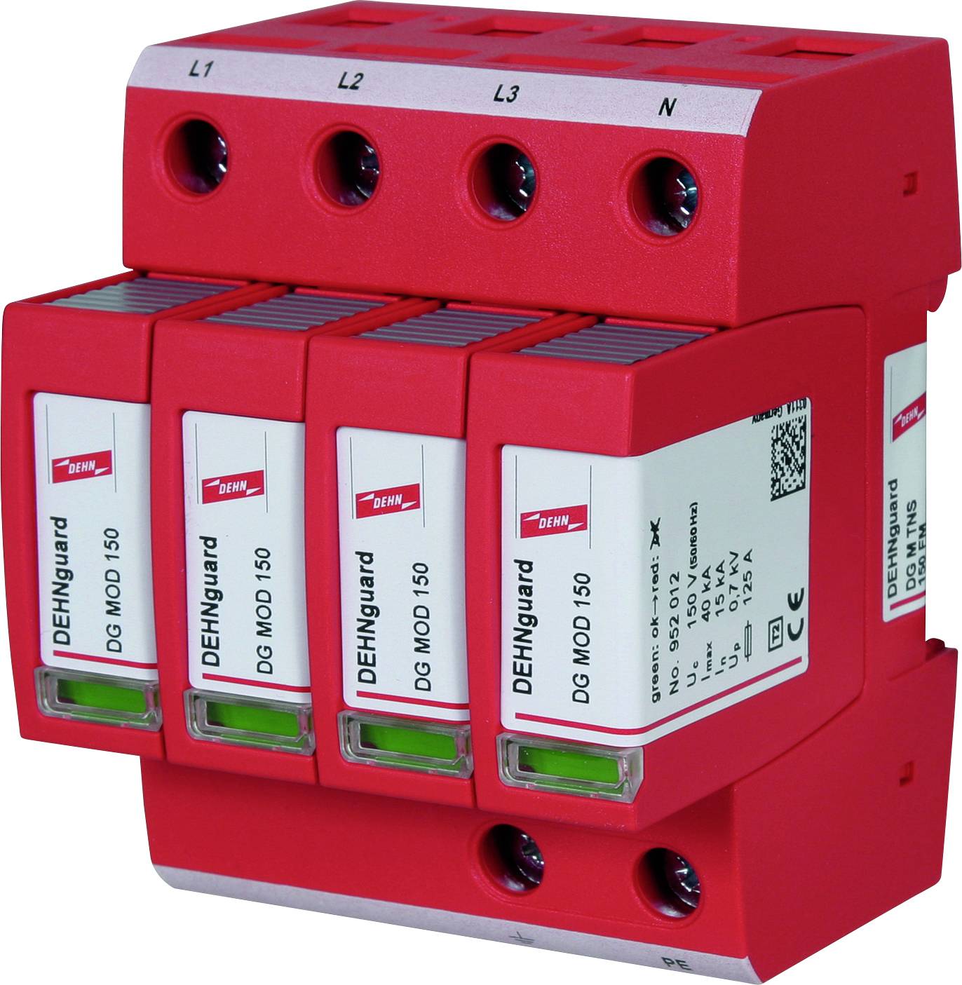 Ein rotes Überspannungsschutzgerät der Marke DEHN, Modell DG MOD 150, mit vier Modulplätzen und Beschriftungen für L1, L2, L3, N.