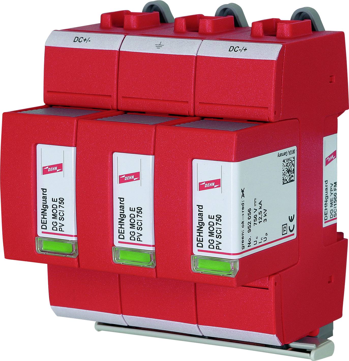 Rotes Überspannungsschutzgerät für DC-Systeme, montiert auf DIN-Schiene. Beschriftet mit 'DEHNguard', zeigt Produktdetails.