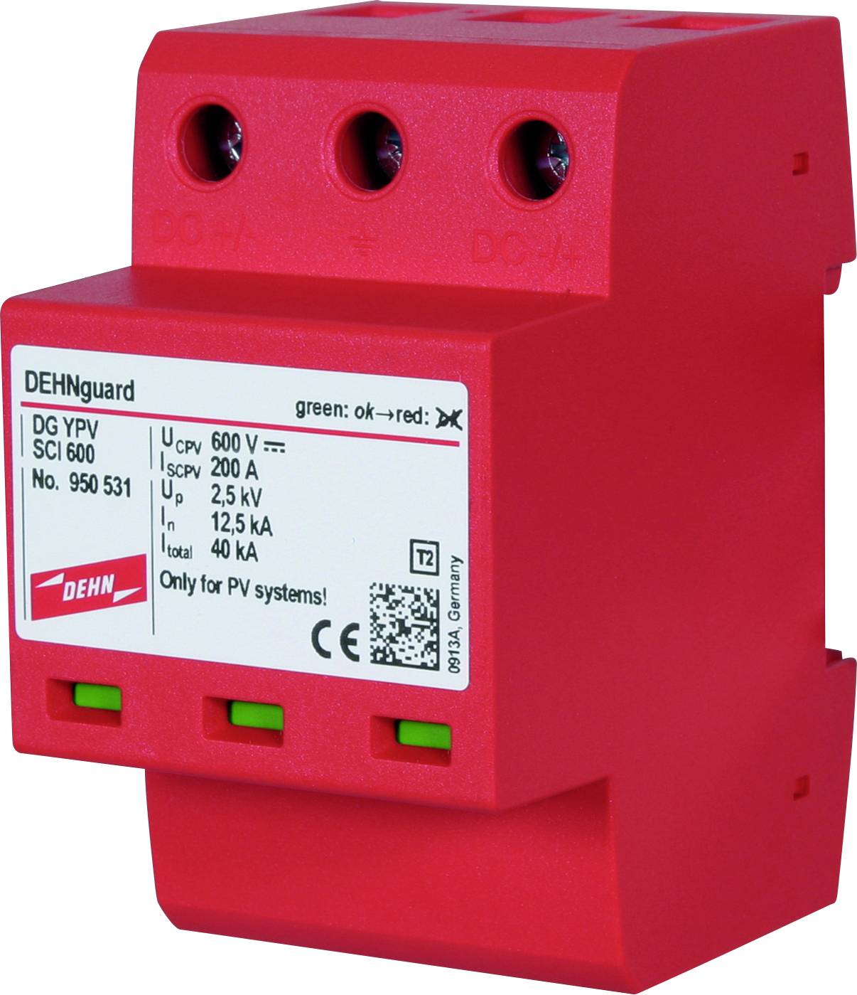 Roter SPD-Überspannungsableiter von DEHN für PV-Systeme, Modell DEHNguard DG YPV SCI 600, mit drei Anschlussklemmen und technischer Beschriftung.