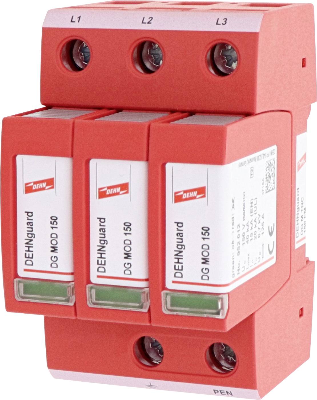 Elektrisches Gerät mit drei roten Modulen, jeweils beschriftet mit 'DEHNguard DG MOD 150'. Oben drei gekennzeichnete Anschlussstellen: L1, L2, L3.
