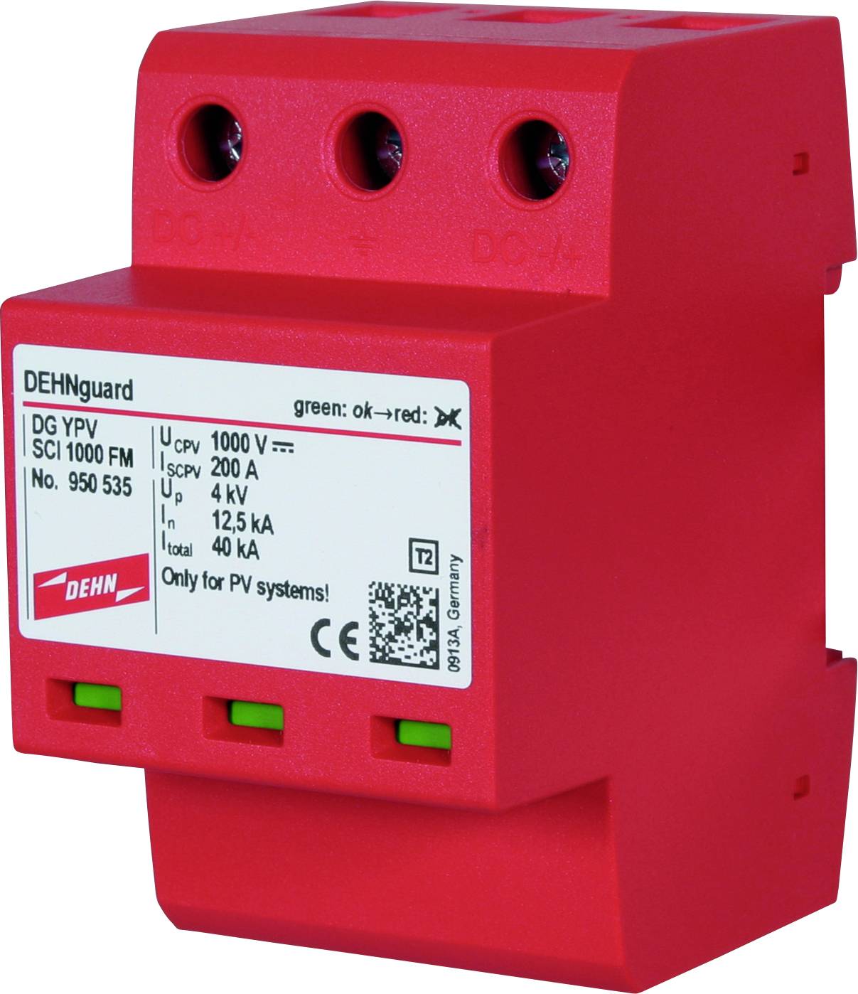 Ein rotes Überspannungsschutzgerät, DEHNguard DG YPV SCI 1000 FM, mit technischen Spezifikationen und QR-Code auf der Vorderseite.