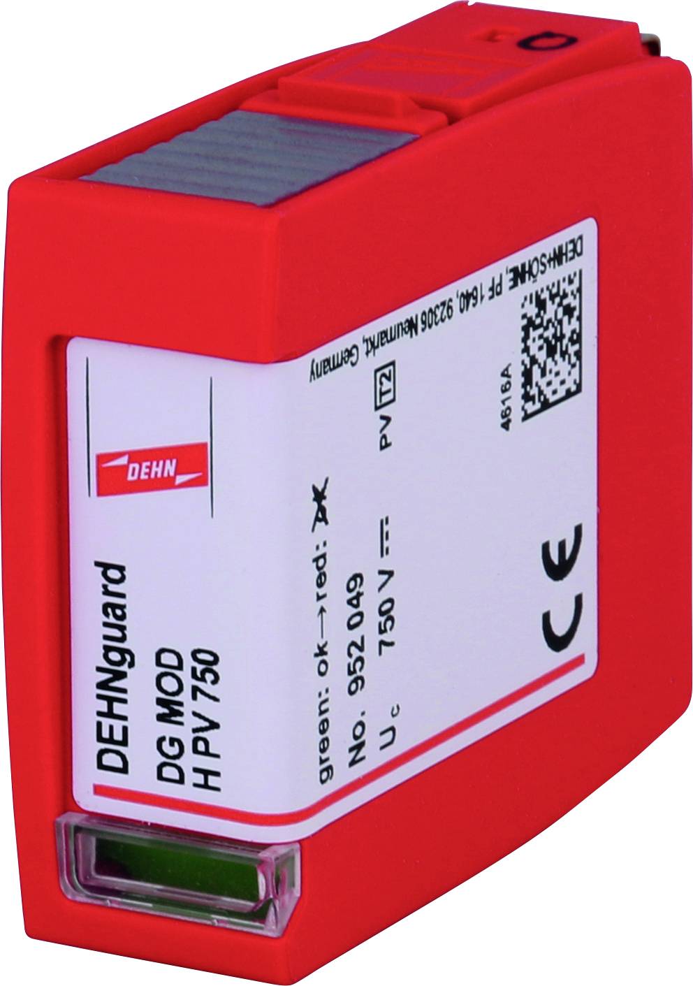 Blitzschutzgerät in rotem Gehäuse mit der Aufschrift 'DEHNguard DG MOD HPY 750', geeignet für den Schutz vor Überspannungen.