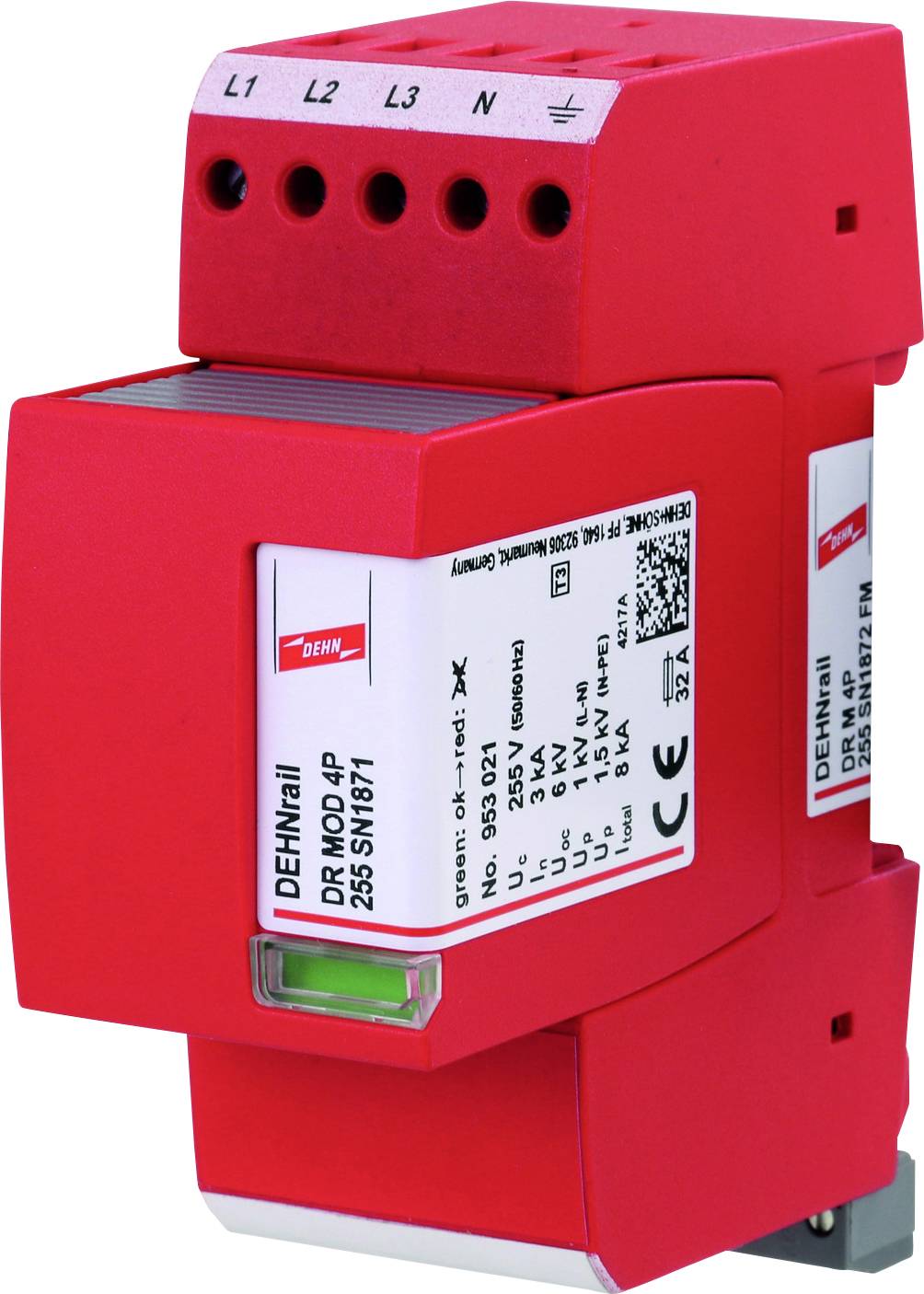 Ein rotes Überspannungsschutzgerät der Marke DEHN mit der Modellnummer DR M 2p 255 FM; weist vier Pole (L1, L2, L3, N) auf.