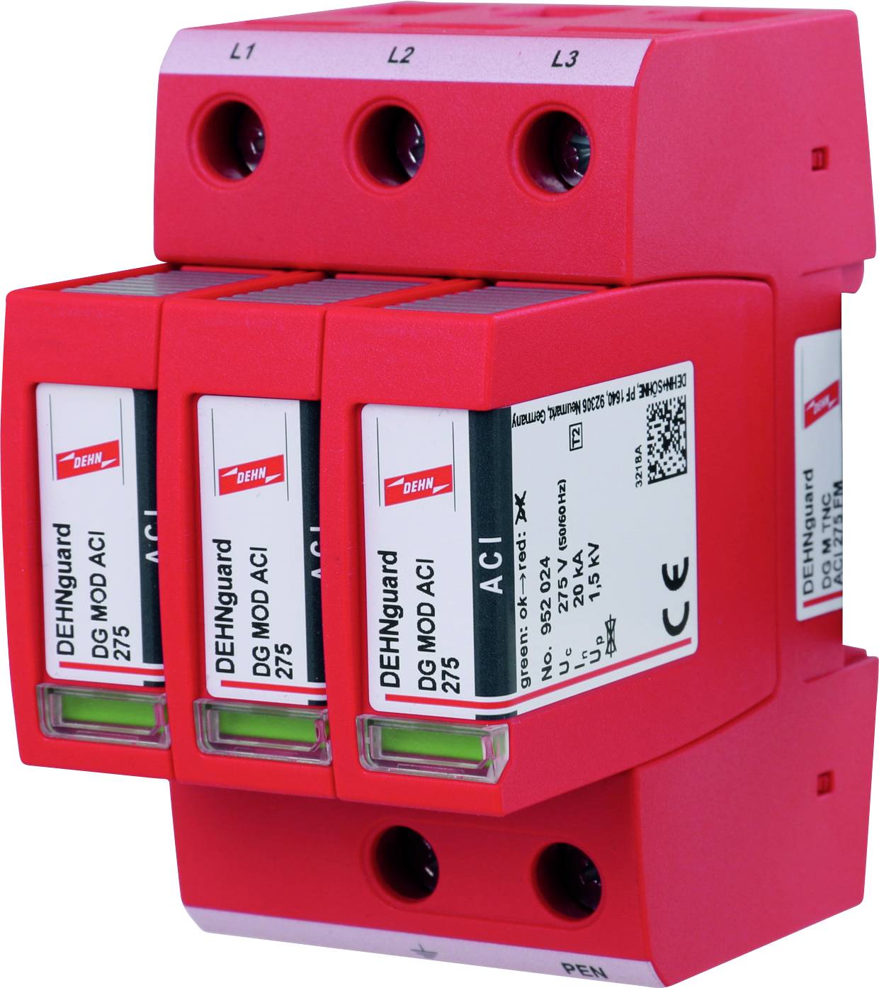 Roter Überspannungsschutz mit drei Modulen, gekennzeichnet als 'DEHNguard'. Anschlüsse oben und Produktinformationen auf der Vorderseite.