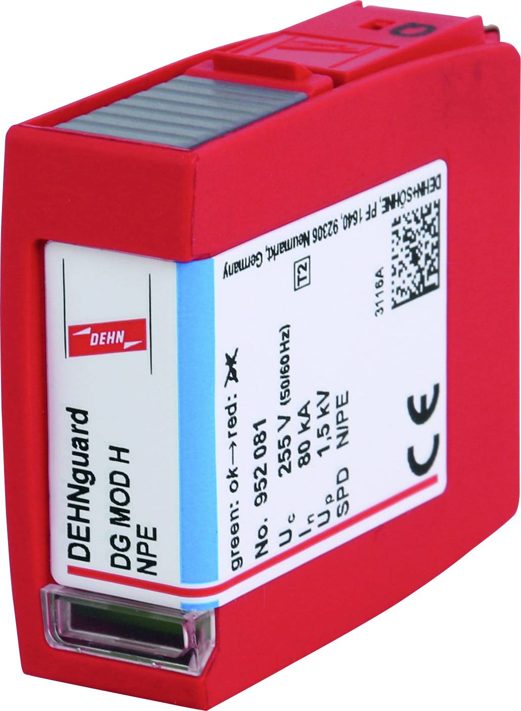 Rotes DEHN Überspannungsschutzgerät 'DG MOD H NPE', mit technischen Spezifikationen auf einem Etikett.