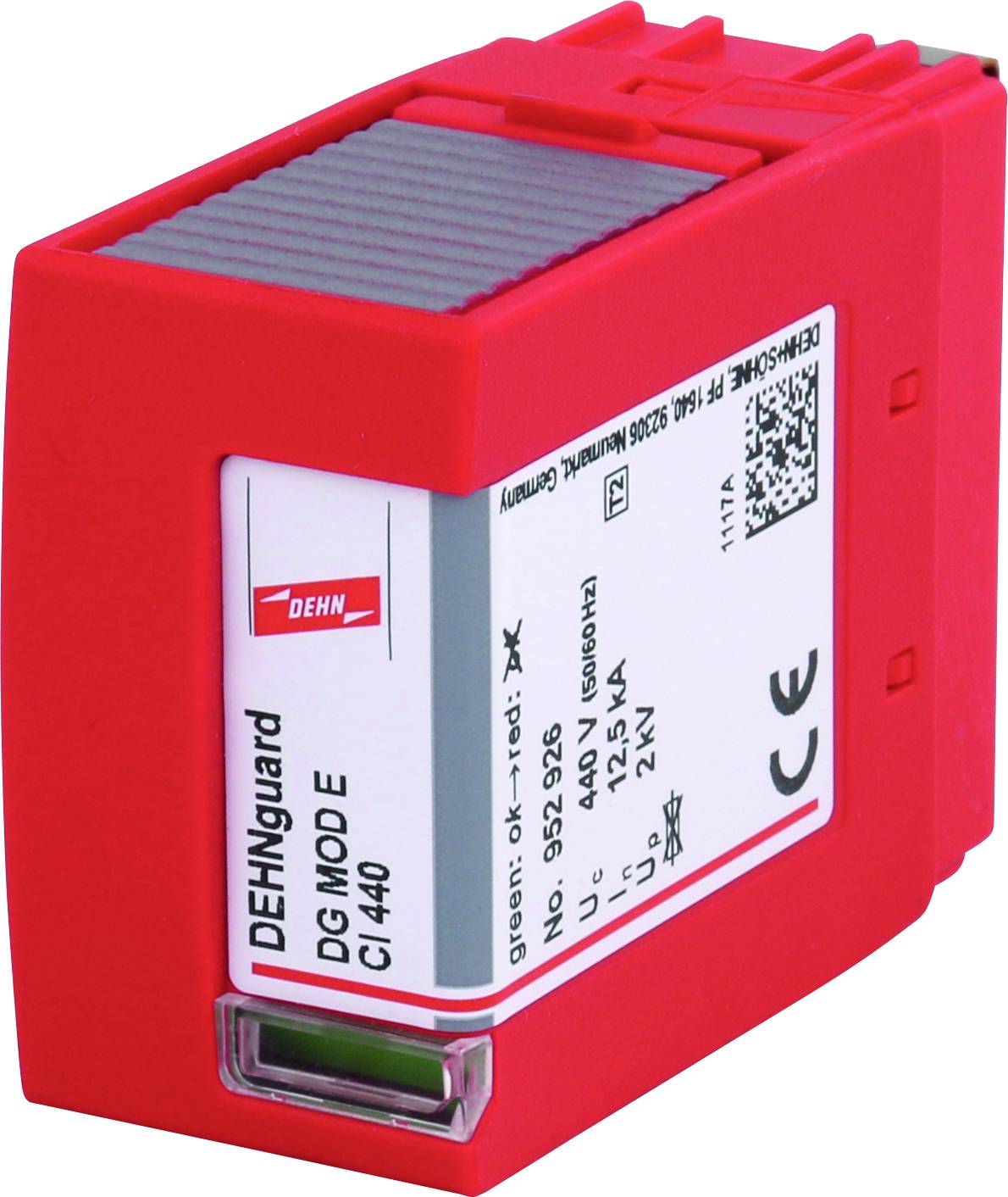 Ein rotes Überspannungsschutzgerät der Marke DEHN mit der Bezeichnung 'DEHNguard DG MOD E CI 440', auf einem weißen Hintergrund.