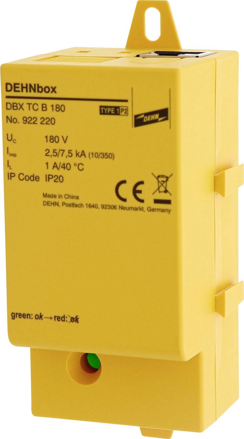 Gelbes Gehäuse einer Schutzbox, markiert als DEHNbox DBX TC B 180, mit Volt- und Ampere-Angaben, CE-Kennzeichnung und grünem Indikator.