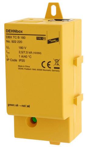 'DEHNbox DBX TC B 180' Überspannungsschutzgerät, gelbes Gehäuse, für 180V, geeignet für Telekommunikationsanwendungen.