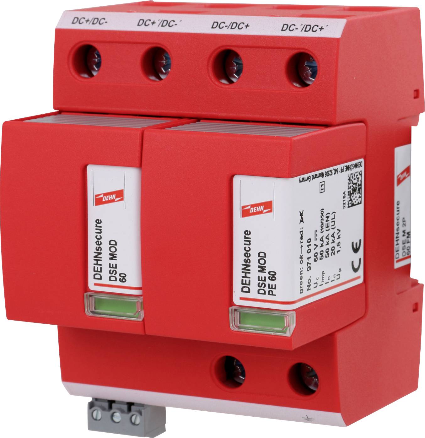 Rotes Überspannungsschutzgerät mit der Aufschrift 'DEHNsecure'. Anschlussklemmen oben für DC-Leitungen, Modulinformationen sichtbar.