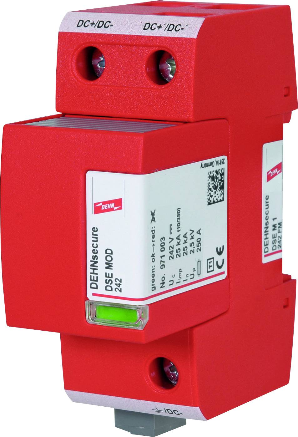 Ein rotes DEHN Überspannungsschutzgerät, Typ DVC MOD 1 2P 275, mit Aufschrift 'DC+/DC-'. Es dient dem Schutz von elektrischen Anlagen vor Überspannungen.