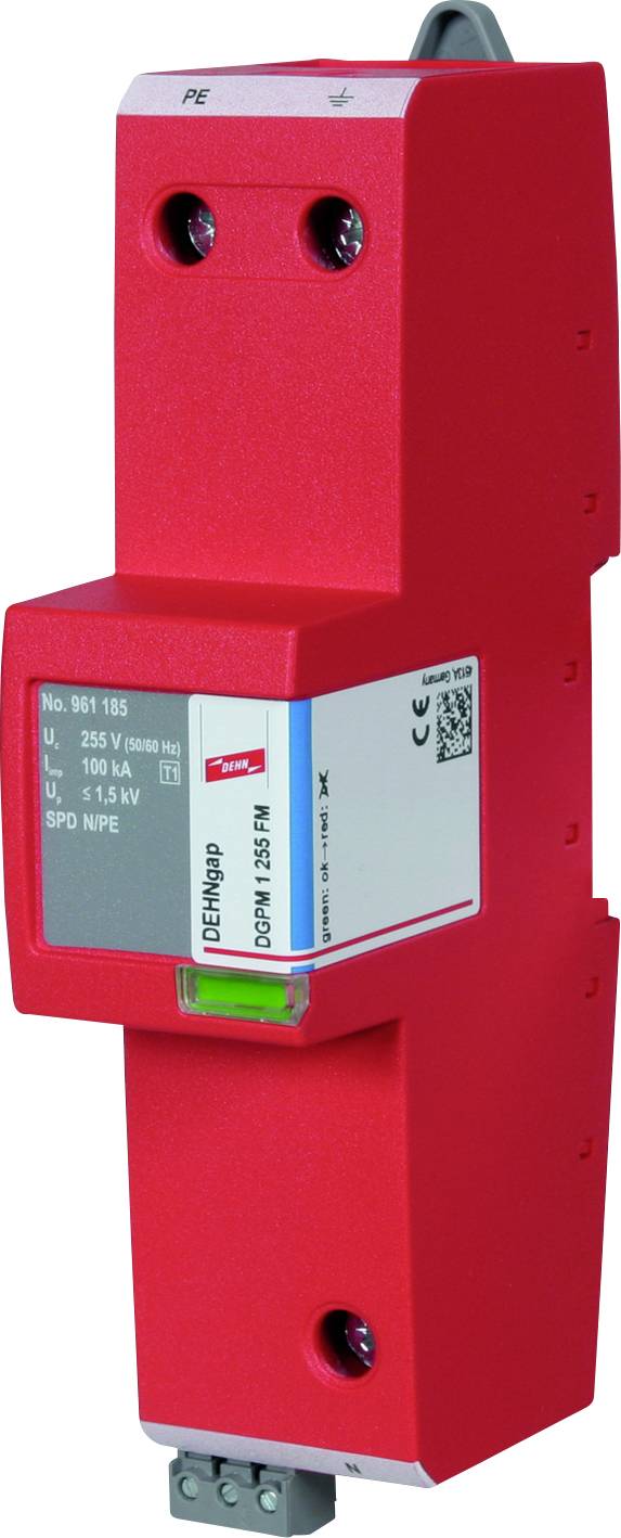 Rotes Überspannungsschutzgerät mit grauen Anschlüssen, vertikal ausgerichtet, Produktbezeichnung seitlich aufgedruckt.