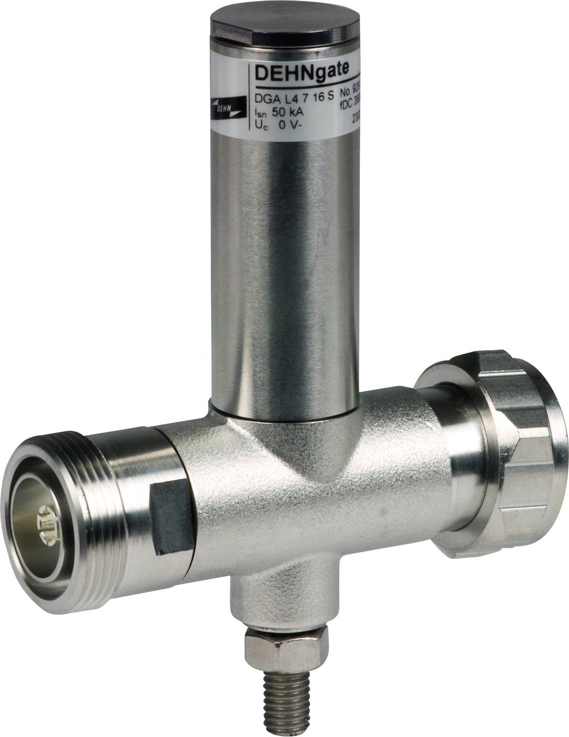 Industrie-Bauteil: Metallischer Überspannungsschutzgerät mit zylindrischem Aufbau, Anschlüssen an beiden Seiten, Marke 'DEHNgate'.