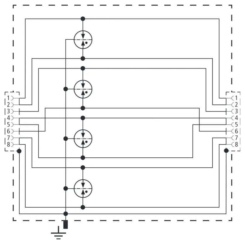Schaltplan mit einer Brückengleichrichter-Schaltung aus vier Dioden, Eingang mit '1-4' und '5-8' beschriftet, und geerdetem Ausgang.
