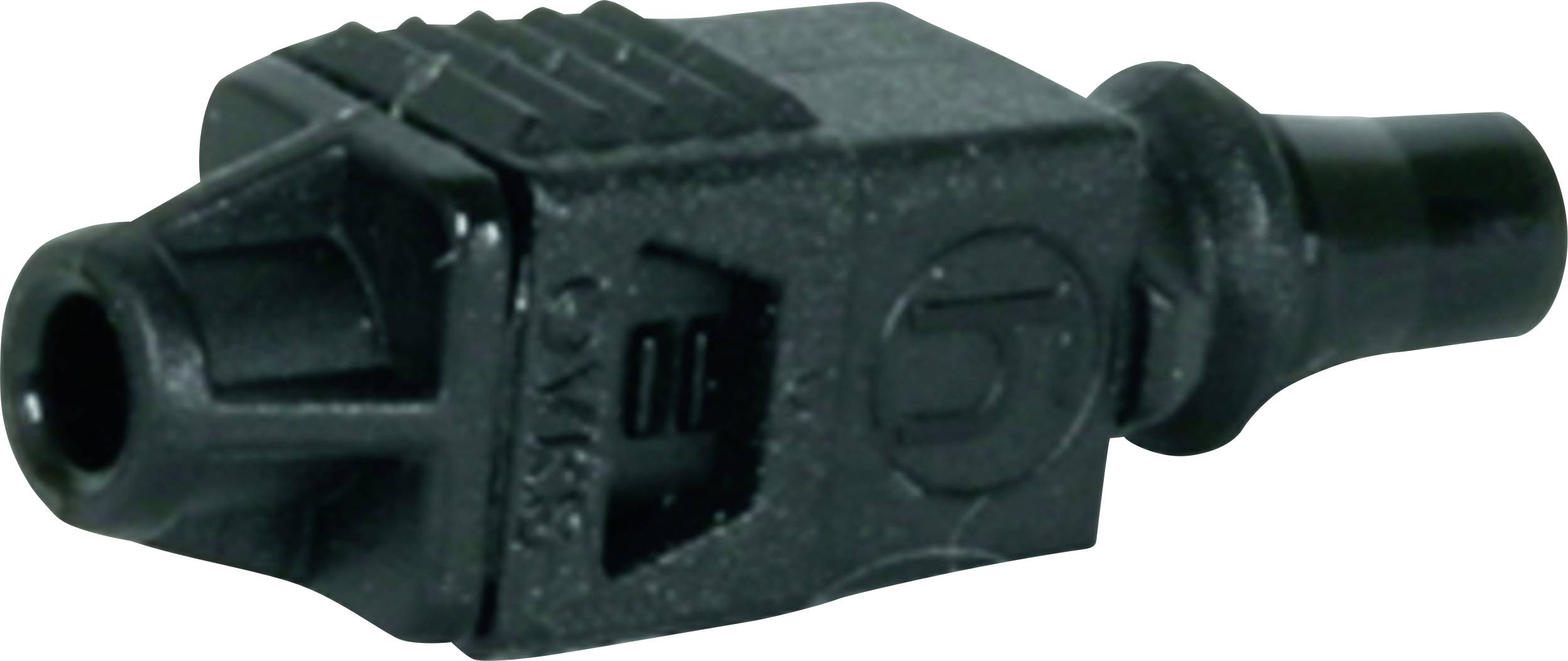 Schwarzer Kunststoffstecker mit runder Öffnung und strukturierten Griffmustern, verwendet zur Verbindung von elektrischen Komponenten.