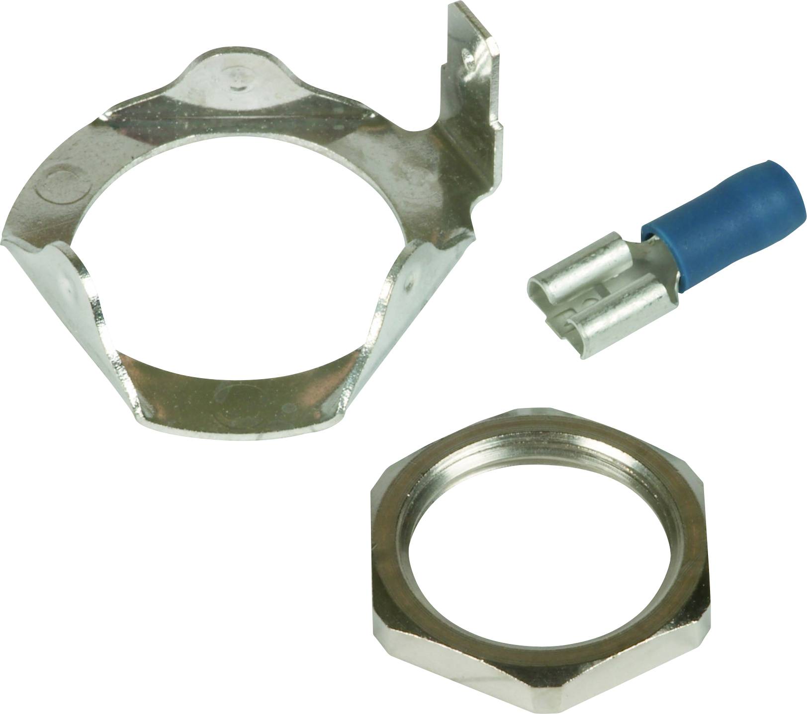 Metallhalterung mit zusätzlichem Schraubring und blauer Kabelschnittstelle, vermutlich Teil eines elektrischen Anschlusses.