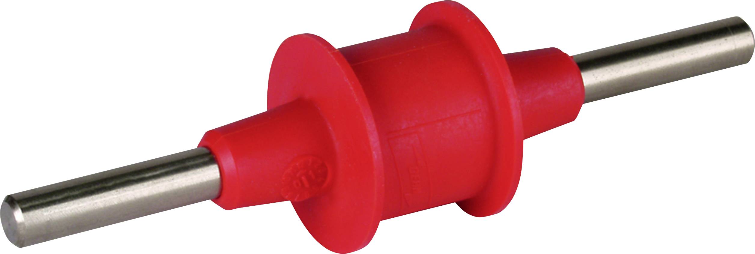 Ein roter, zylindrischer Verbinder mit zwei metallischen Stiften auf beiden Seiten. Teil eines Stecksystems für Elektroinstallationen.