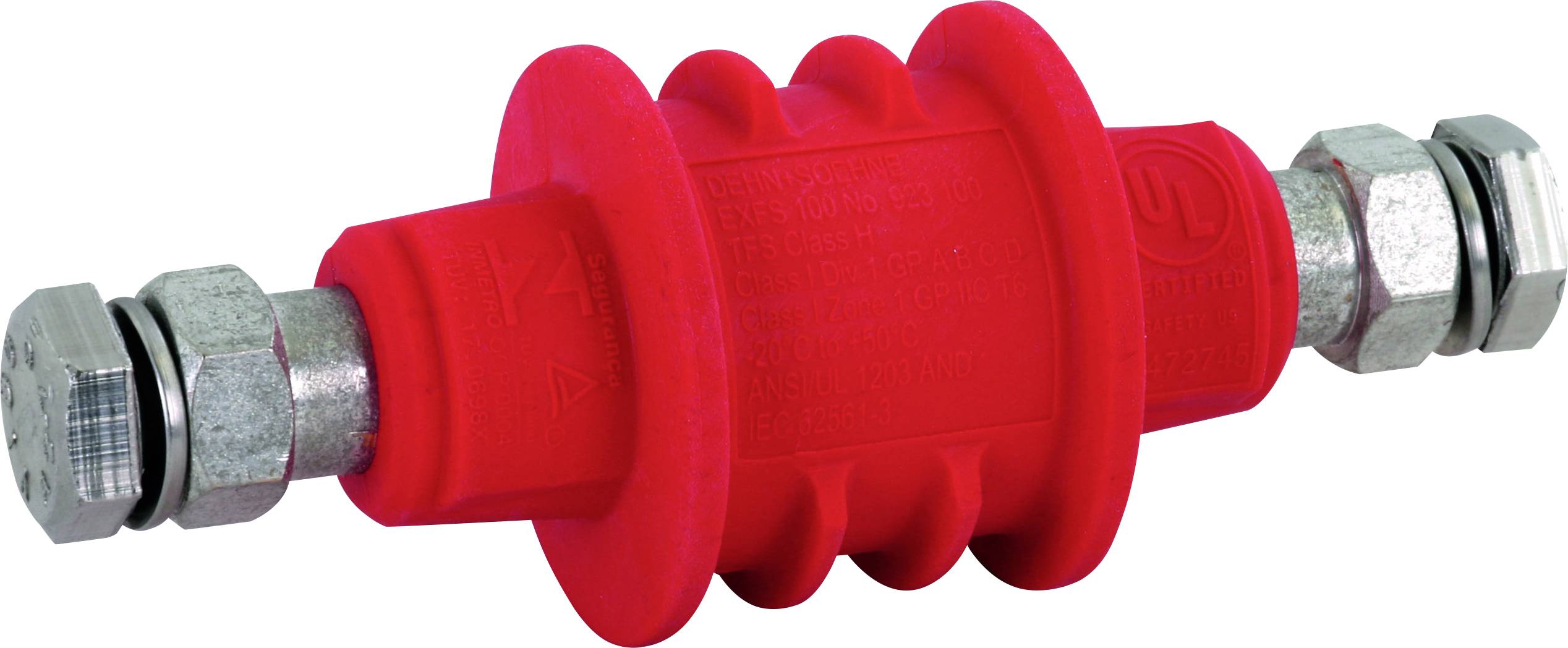 Ein roter Blitzschutzisolator mit Metallverbindungen an beiden Enden, verwendet zum Schutz elektrischer Systeme vor Überspannung.