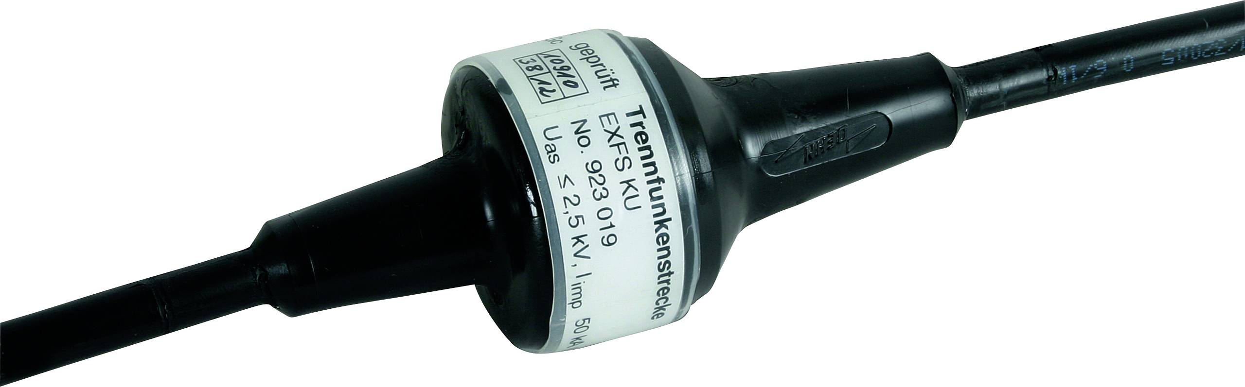 Netzkabelanschluss mit Aufschrift 'Telefunkenstock'. Schwarzes Kabel mit isolierendem Gehäuse, geeignet für hohe Spannungen bis 25 KV.