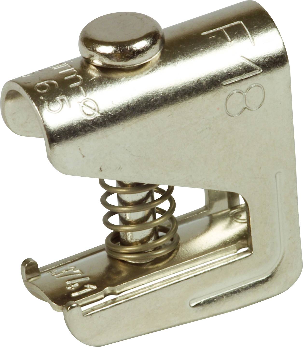 Ein silberner, metallischer Nähfuß mit Federmechanismus, seitlich abgebildet. Geeignet für spezielle Näharbeiten an einer Nähmaschine.