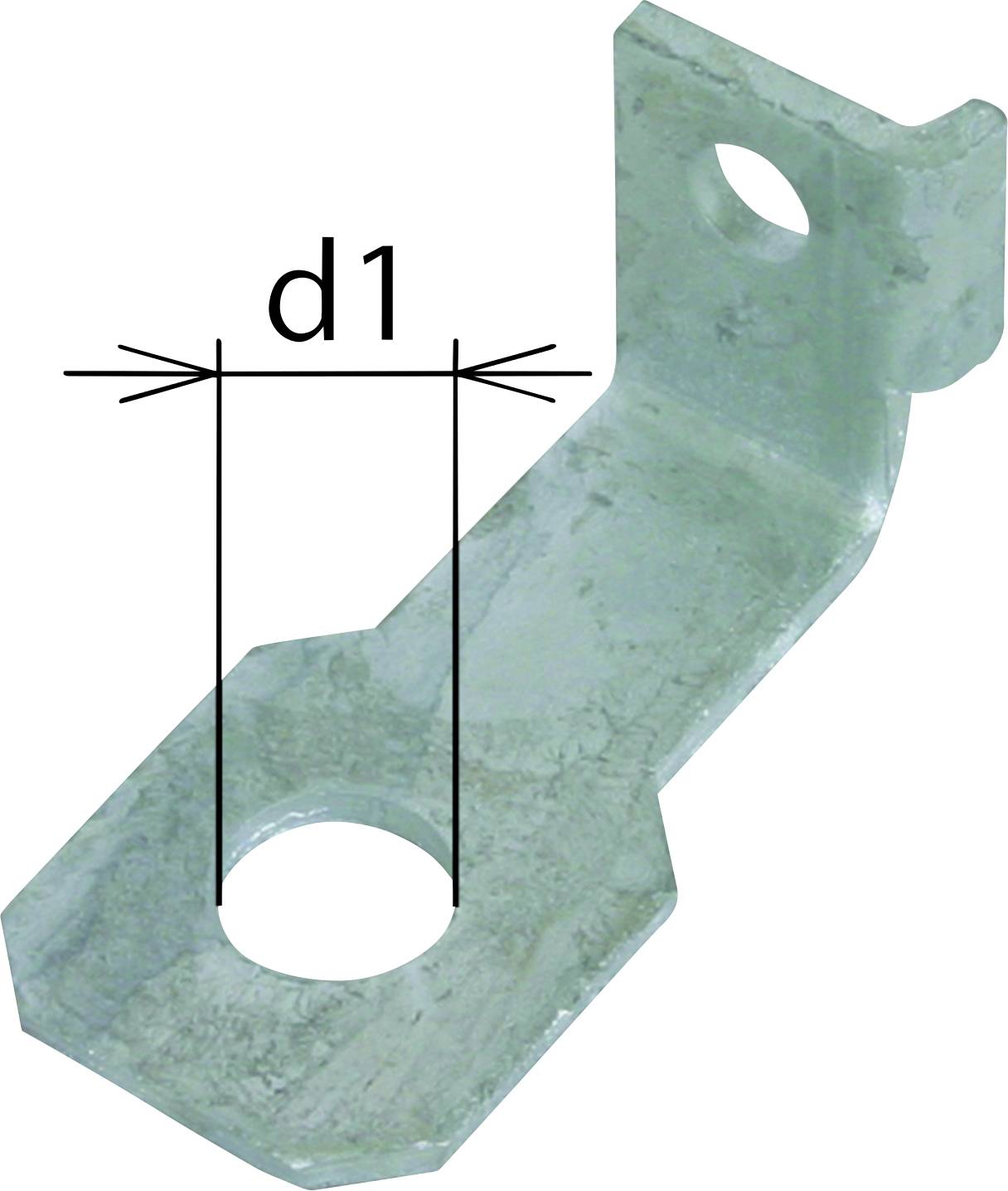 Metallwinkel mit einer zentralen Bohrung und aufrecht stehendem Schenkel, daneben Beschriftung 'd1', die den Bohrungsdurchmesser kennzeichnet.