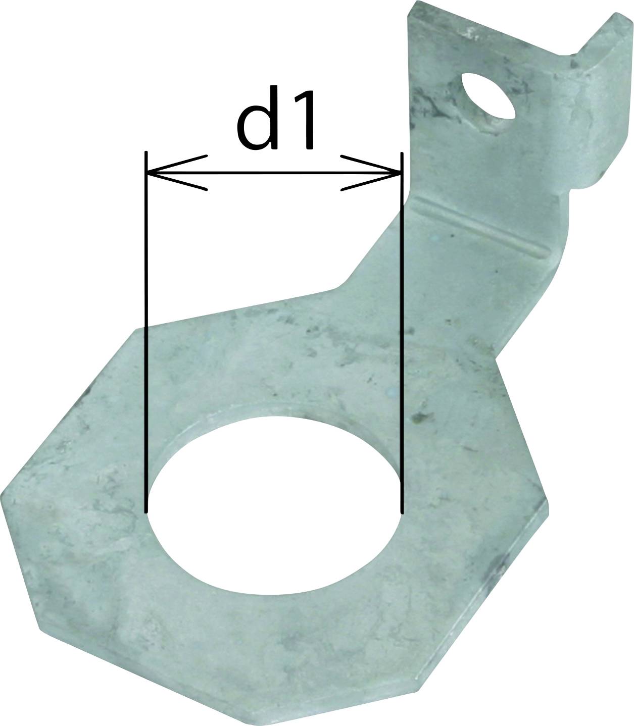 Metallischer Befestigungswinkel mit großer zentraler Öffnung und kleinerem Loch am Ende des umgebogenen Bereichs.
