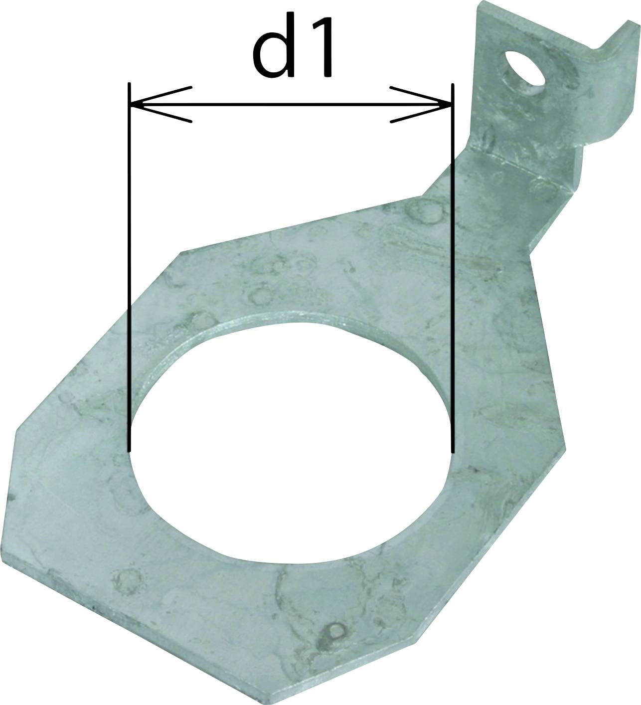 Eine sechseckige Metallplatte mit einem großen, zentralen Loch, einem Loch oben für Befestigung und der Beschriftung 'd1' zur Markierung des Durchmessers.